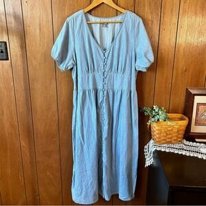 Falls Creek Womens Denim Chambray Button Front Midi Dress Cottage Peasant Indie